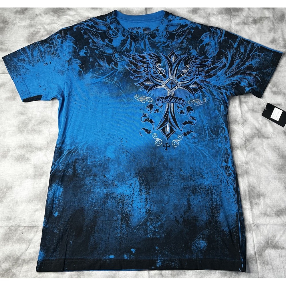 Xtreme Couture Shirt Men Size XL Affliction Cross Y2K Moto Racing Blue NWT